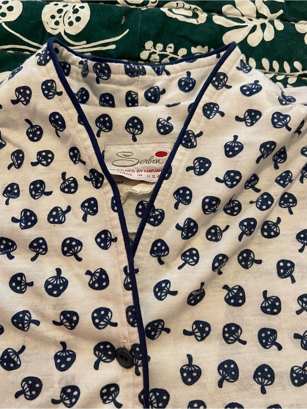 White and Navy Short-Sleeve Mushroom Midi Dress with Button Placket - Picture 6 of 9